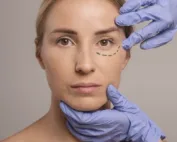 Médico a avaliar o rosto de uma paciente (simulação facial)
